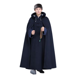 尚远寒冬新款套头毛呢加绒打坐披风僧服风衣僧人居士禅修披风