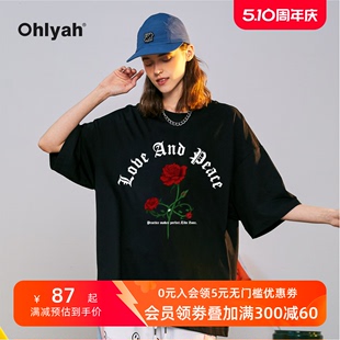 潮牌 Ohlyah玫瑰花卉半圈字母印花黑色短袖 纯棉内搭情侣T恤男女款