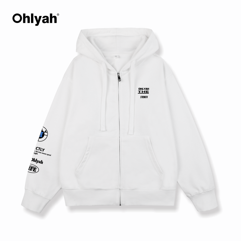 Ohlyah美式复古字母袖章印花连帽卫衣男女款拉链开衫潮牌宽松外套