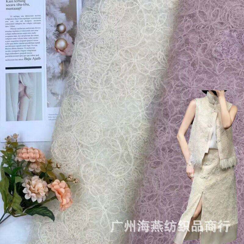 新款毛毛绣 重工绣汉服童装网纱布料蕾丝花边 大小四叶花绒绣面料