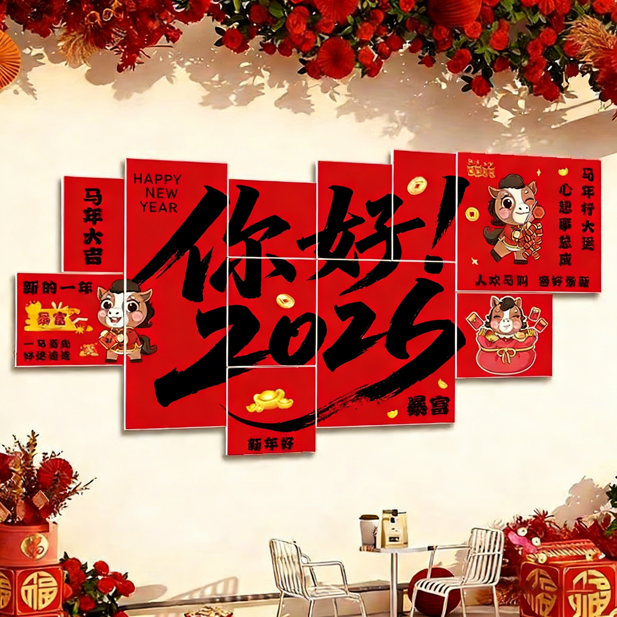 2026新年装饰文化墙过年店铺喜庆氛围布置墙贴网红打卡拍照背景墙,节庆用品/礼品,节日装扮用品,淘宝优惠券,粉丝福利购,淘宝优惠卷