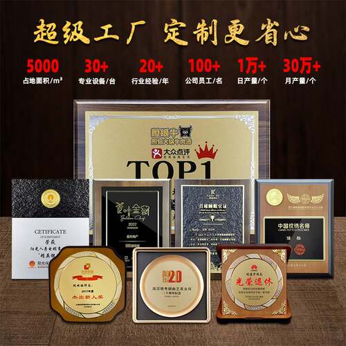 荣誉金箔木质奖牌木托金属授权牌