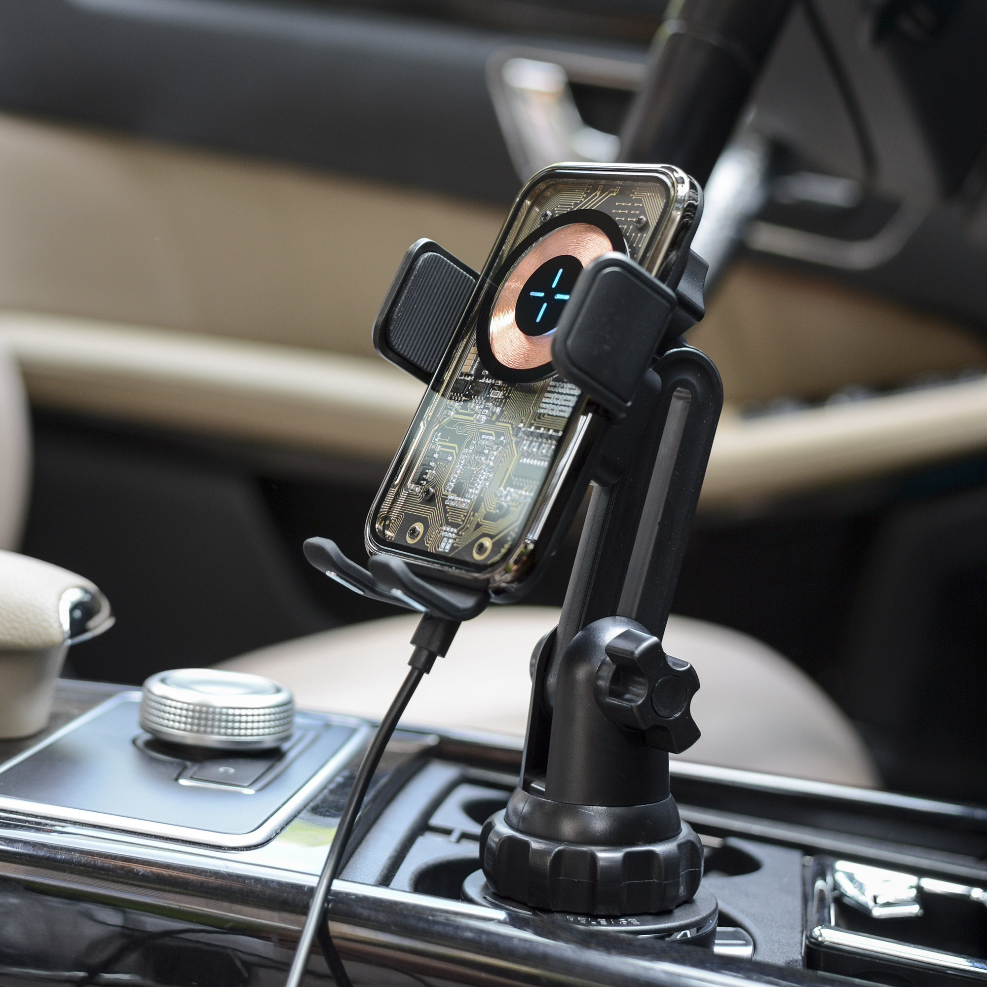 车载水杯架座手机导航电动触控支架拉伸角度调节快充15W无线充电