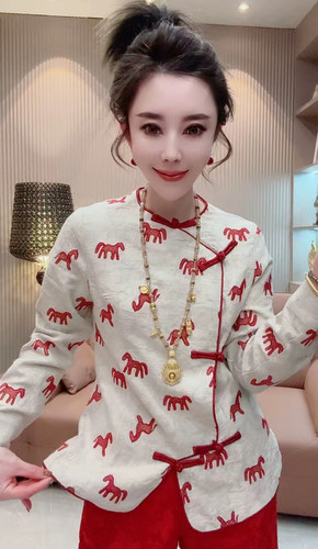 新中式国风盘扣小马刺绣小衫女2025秋冬复古打底衫内搭上衣小褂潮