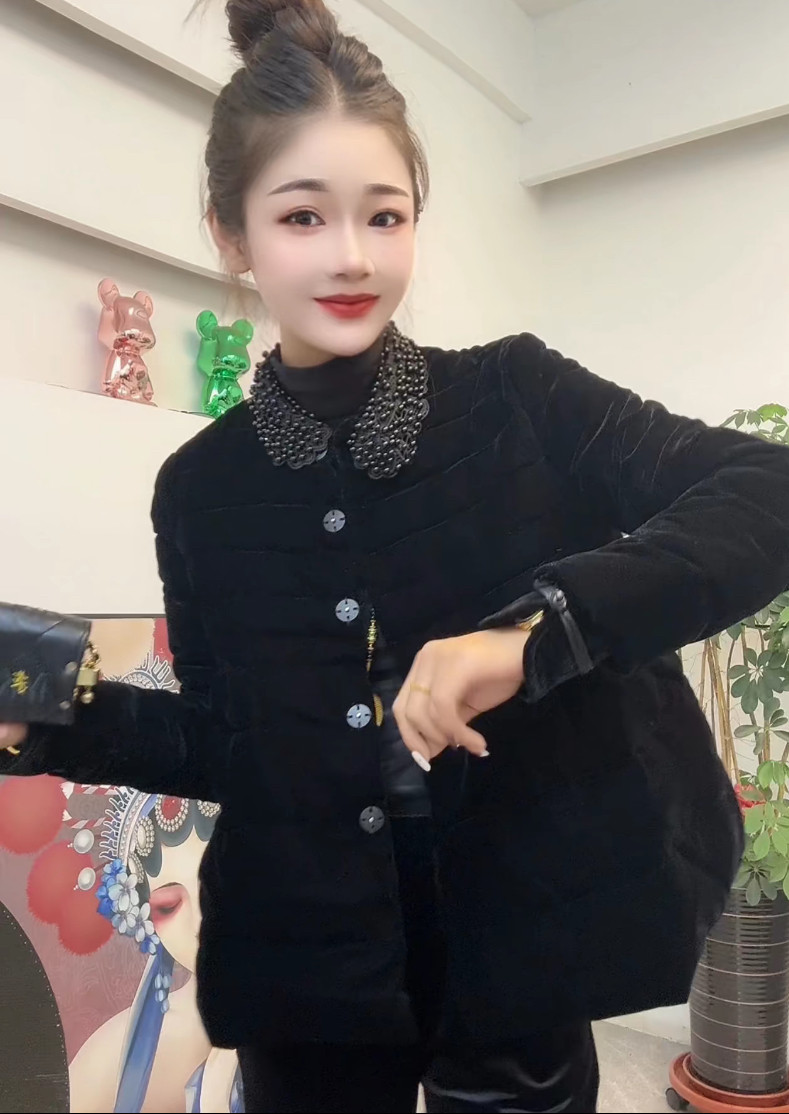 欧货真丝绒娃娃领串珠宽松加棉外套女2025春秋大码显瘦棉服上衣新