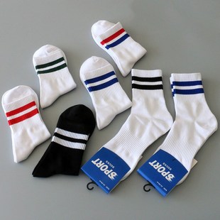 春夏秋季二道杠条纹男女士运动袜子纯棉中筒袜学院风薄款休闲袜子