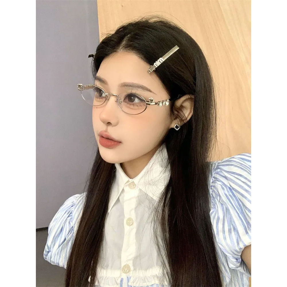 复古金属椭圆形镶钻石gm眼镜韩版潮高级感小框圆脸时尚显脸小镜架