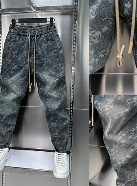 2025春季男士提花牛仔裤水洗拼接束脚哈伦裤潮流痞帅松紧腰休闲裤