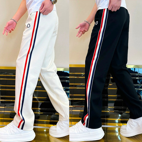 春夏新款轻奢高档休闲裤男士欧货条纹织带阔腿直筒裤潮流运动卫裤
