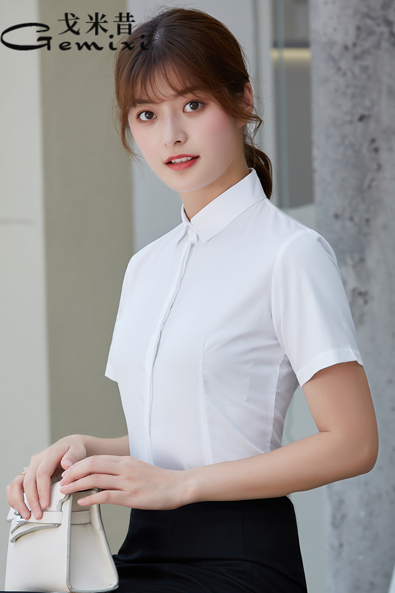 V领白衬衫女短袖职业气质正装工装工作服白色衬衣寸2024夏季薄款