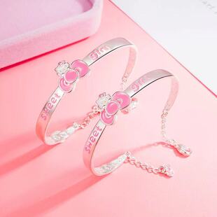 999纯银手镯宝宝KT猫卡通猫咪公主蝴蝶结银镯子女亲子款手链礼物