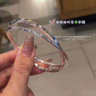 四叶草银手镯女纯银999足银双环闭口实心银镯子小众年轻款送女友