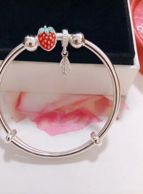 999纯银手镯女草莓树叶彩虹婴儿童小孩宝宝实心可爱推拉手环礼物