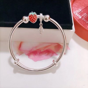 999纯银手镯女草莓树叶彩虹婴儿童小孩宝宝实心可爱推拉手环礼物