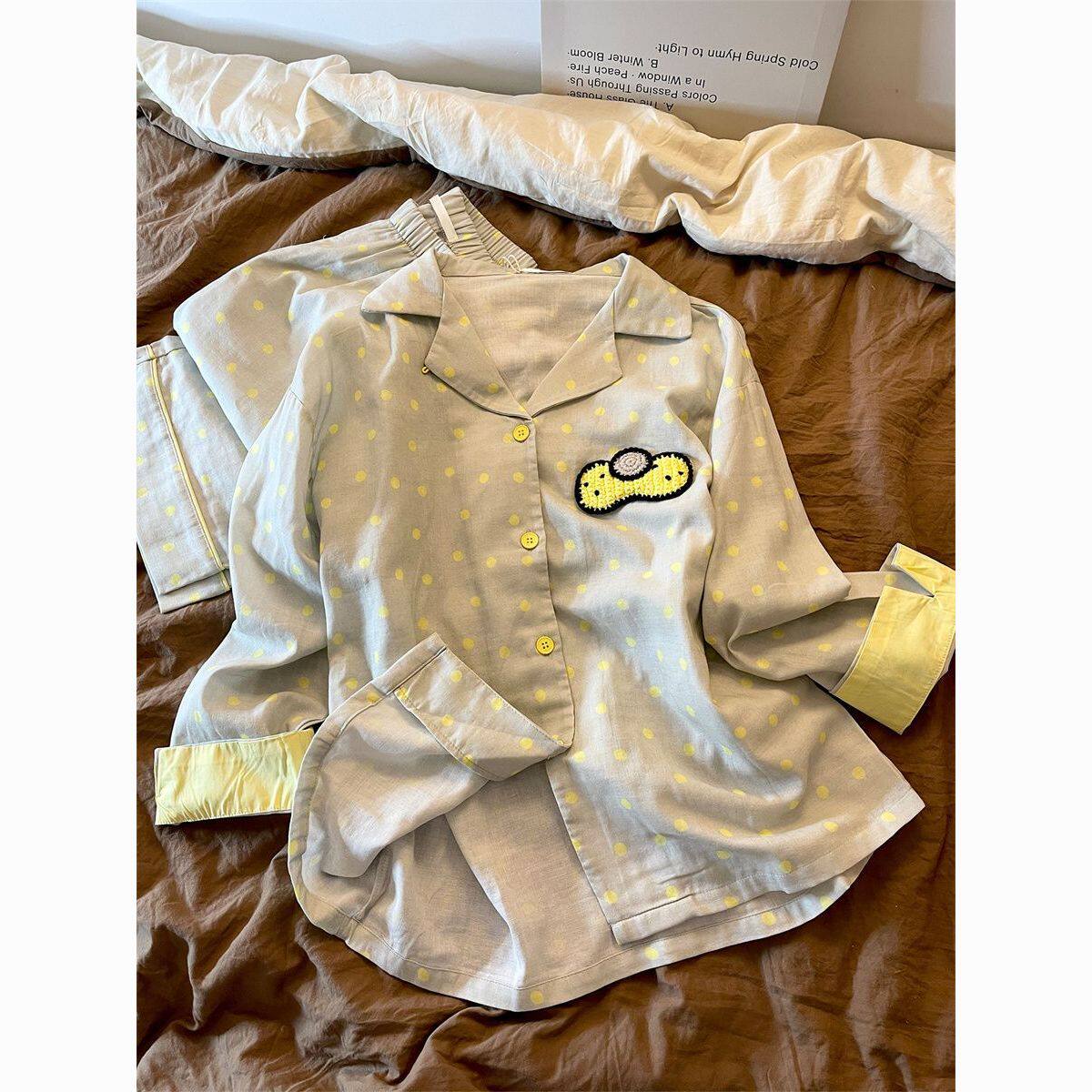 甜美可爱酷猫波点睡衣女春秋季高级感韩系少女长袖长裤家居服套装