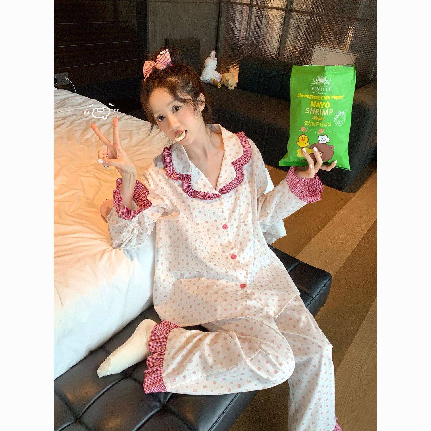 格纹花边波点草莓睡衣女春秋新款长袖长裤学生日系家居服套装外穿