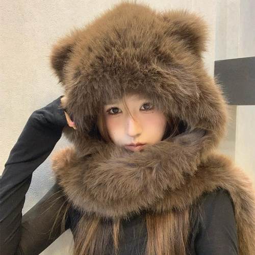 2024冬季新款咖啡色毛绒帽子手套围巾三件套