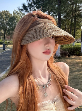 拉菲草空顶帽子女夏季简约海边度假手工编织草帽遮阳防晒帽太阳帽