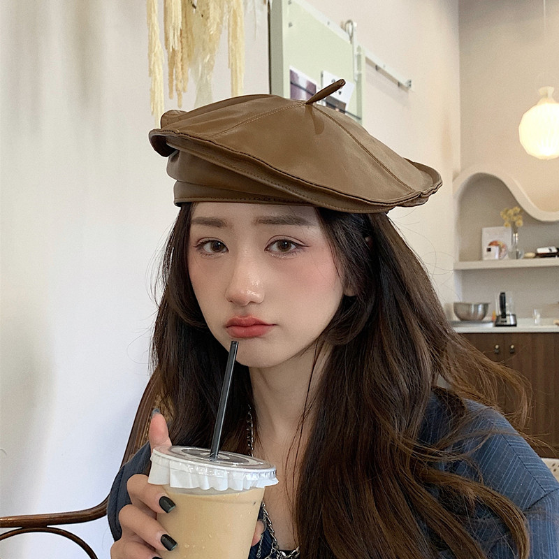 网红穿搭推介款皮质贝雷帽女英伦复古八角帽秋冬季百搭pu皮画家帽