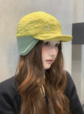 黄色爱心刺绣雷锋帽女冬季保暖防风防寒帽子加绒护头风雪护耳帽潮