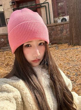 粉色毛线帽女秋冬保暖显脸小冷帽潮款帽子2025新款韩版百搭针织帽