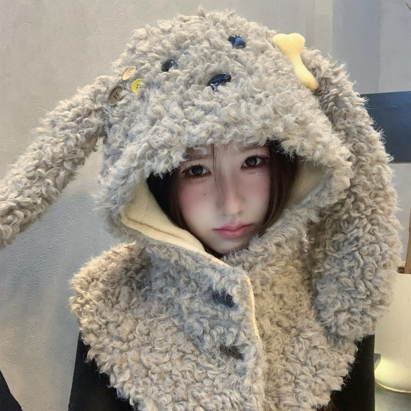 可爱毛绒长耳朵兔子帽子女凹造型保暖护耳巴拉克拉法帽秋冬套头帽