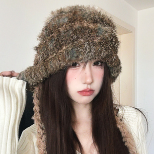 兔毛混纺针织帽女冬季保暖防寒护耳帽显脸小包头毛线帽咖色皮草帽