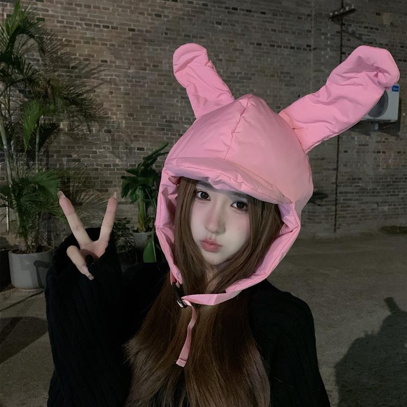 可爱可爱粉色兔子耳朵羽绒帽
