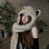 狐狸耳朵毛绒帽子围巾一体女冬季 保暖护耳雷锋帽加厚东北滑雪围脖