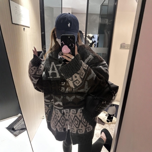 宽松大棉袄慵懒加厚针织开衫女美拉德风中长款加绒羊毛毛衣外套