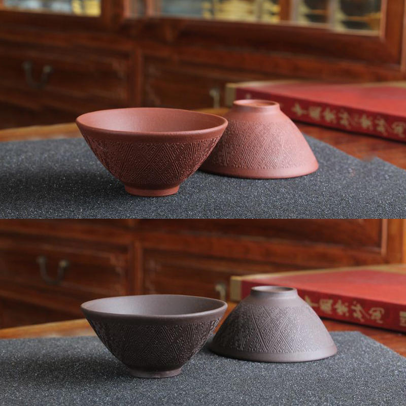 紫砂小茶杯宜兴原矿水泥回纹斗笠