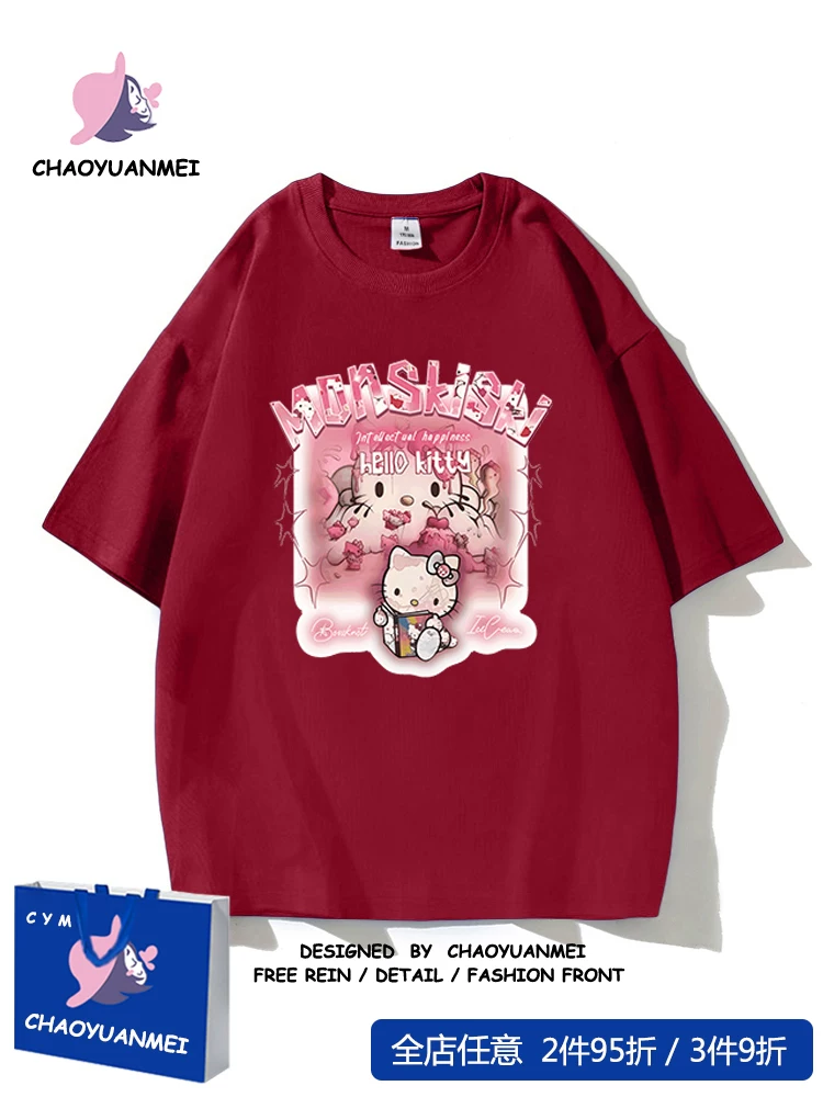 Hello Kitty, hello kitty, милая хлопковая ретро футболка, американский стиль