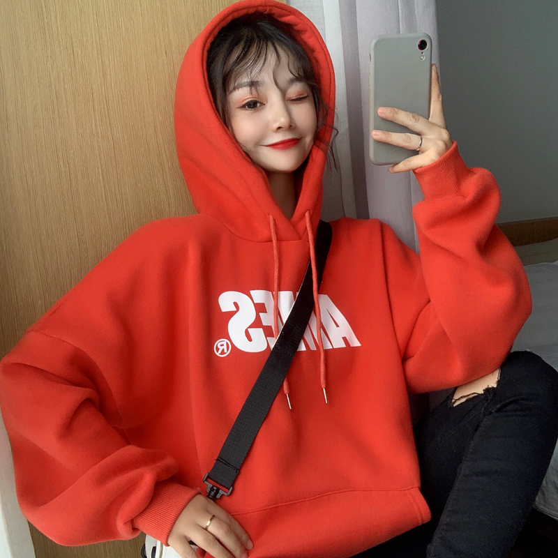 Real shot of 250g winter hooded and cashmere sweater women's thickened loose letter printed Pullover coat