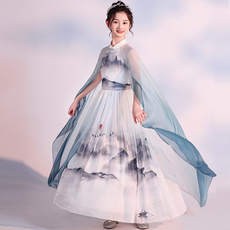 儿童礼服高端女童弹古筝民乐演奏山水画中国风主持人合唱表演服装