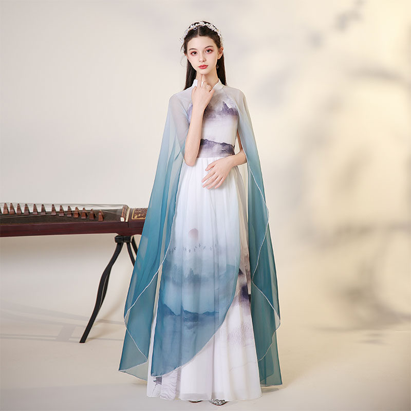 汉服女童高端中大童弹古筝演出服中国风艺考民乐演奏礼服千里江山
