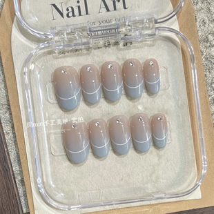 藍漸變穿戴甲高級感簡約顯白裸色手工定制美甲貼 nail極簡法式