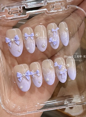 紫色蕾丝蝴蝶结穿戴甲手工定制美甲贴高级感显白中长款假指甲