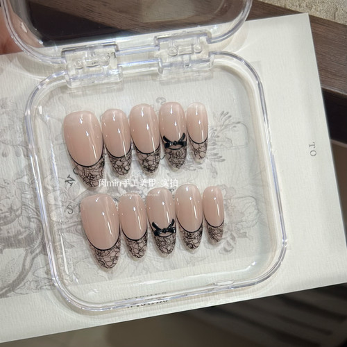 Mmnail蕾丝蝴蝶结穿戴甲2026新款法式高级感显白手工定制杏仁美甲
