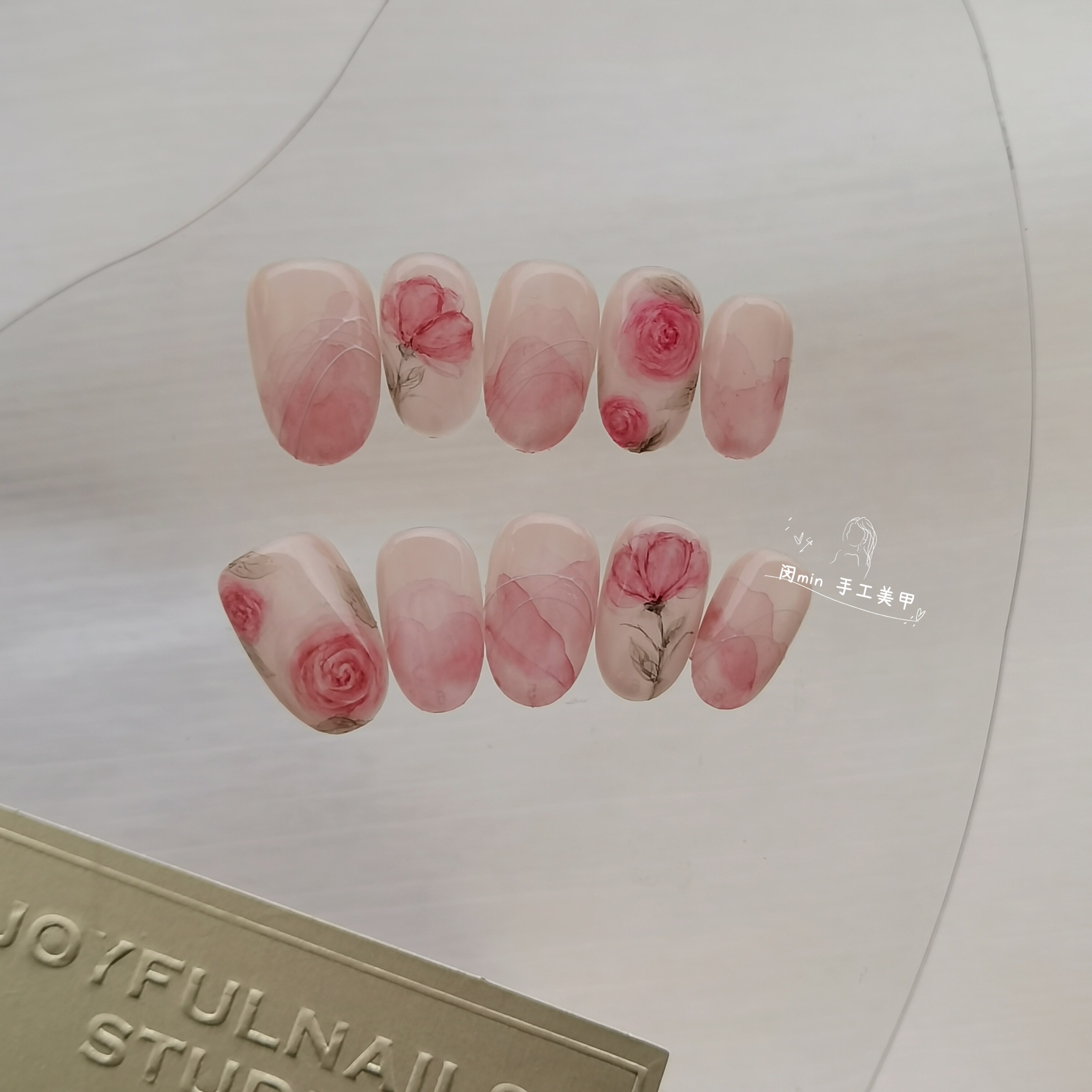 Mmnail水彩晕染玫瑰复古穿戴甲手工定制美甲贴片可拆卸持久假指甲