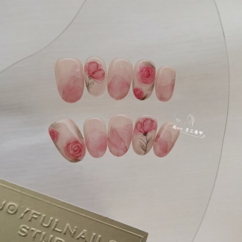 Mmnail水彩晕染玫瑰复古穿戴甲手工定制美甲贴片可拆卸持久假指甲