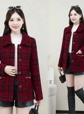 中年妈妈冬装加绒加厚水貂绒外套小个子中老年女格子短款毛呢上衣