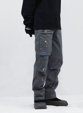 【限时特价】TTWIS潮牌刺绣直筒工装裤男美式泼墨水洗抽绳休闲裤