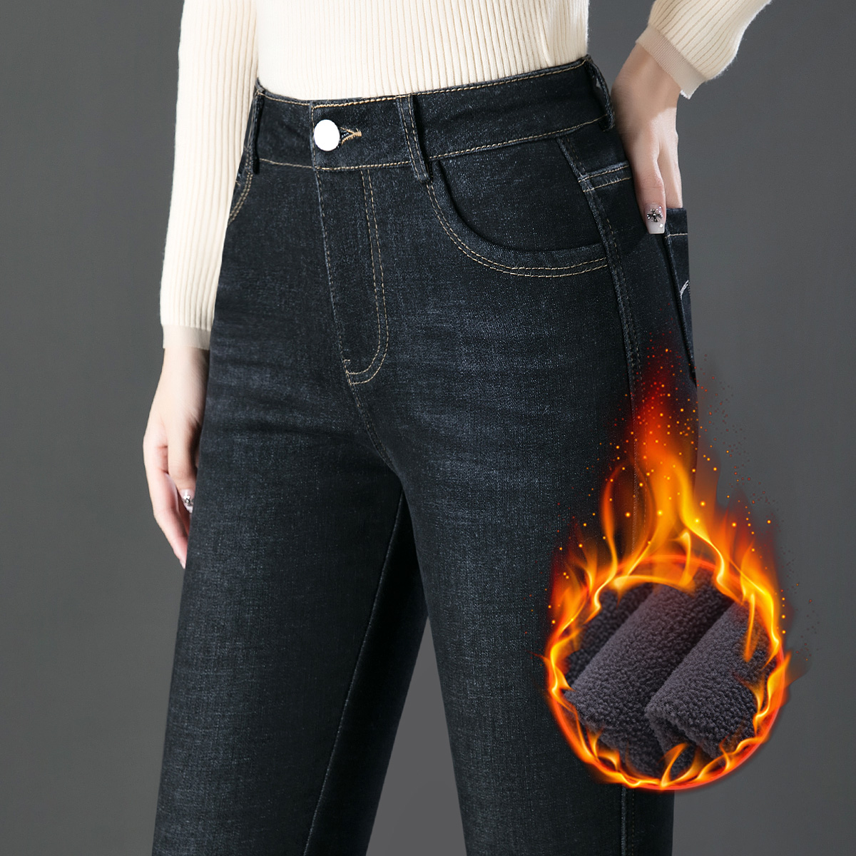 冬季加绒加厚修身小脚裤女士保暖弹力显瘦牛仔裤高腰加大码长裤子