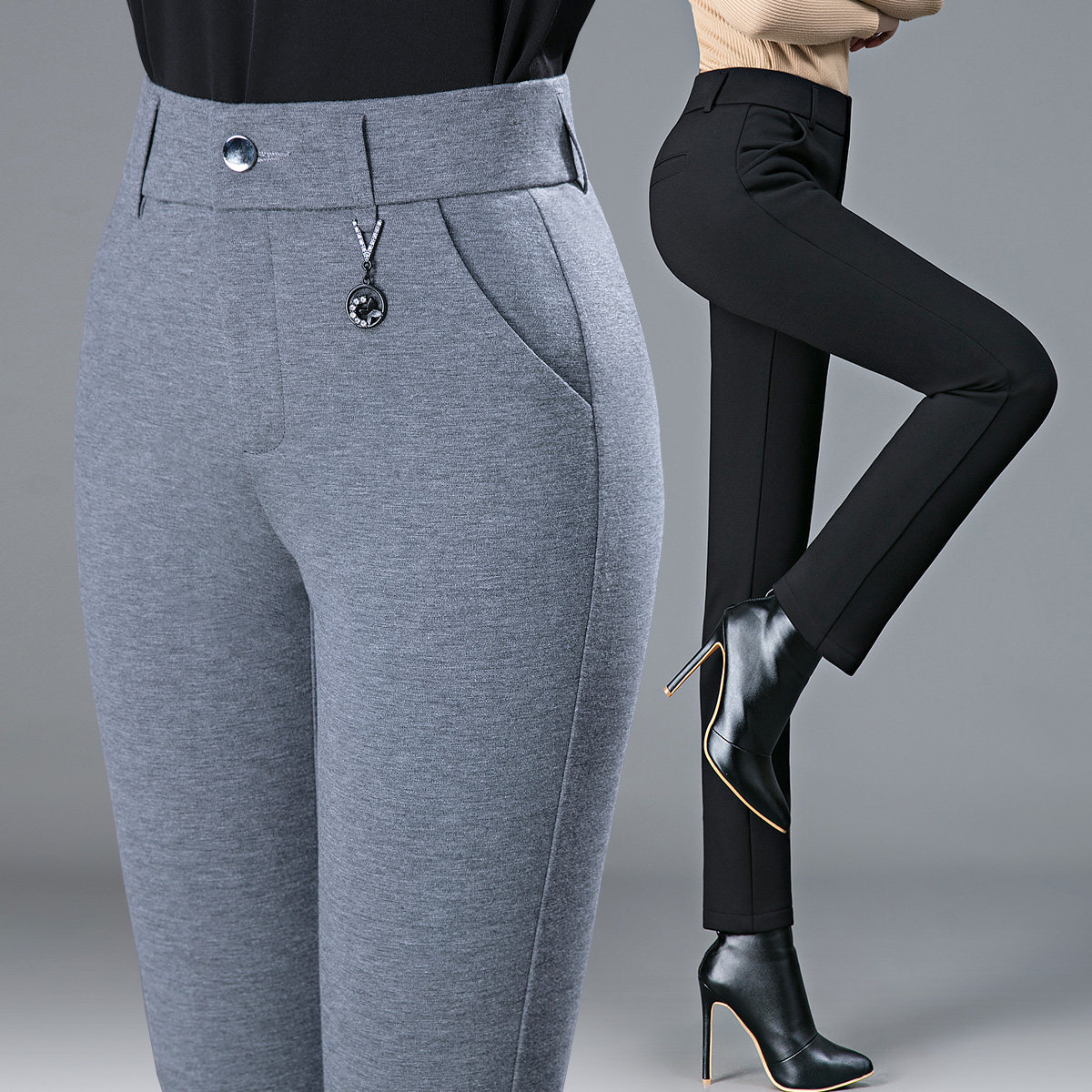 加绒加厚针织弹力中年女裤妈妈高腰修身小直筒长裤女士大码休闲裤