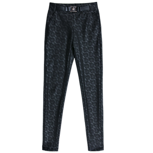 冬季女士加绒PU皮裤薄绒高弹力紧身显瘦蕾丝花纹加大码小脚长裤子