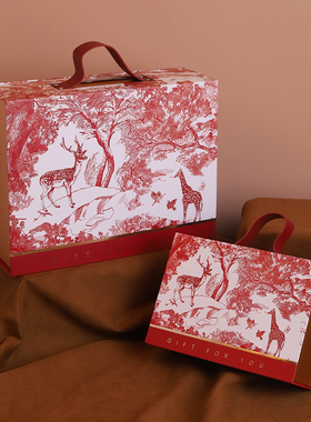 森系红色花鸟麋鹿长颈鹿树木婚礼生日手拎伴手礼回礼手提箱礼金盒