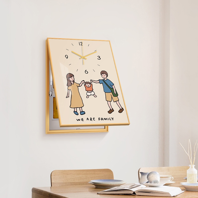 一家三口电表箱装饰画带时钟遮挡卡通配电箱电闸空气开关盒子壁画