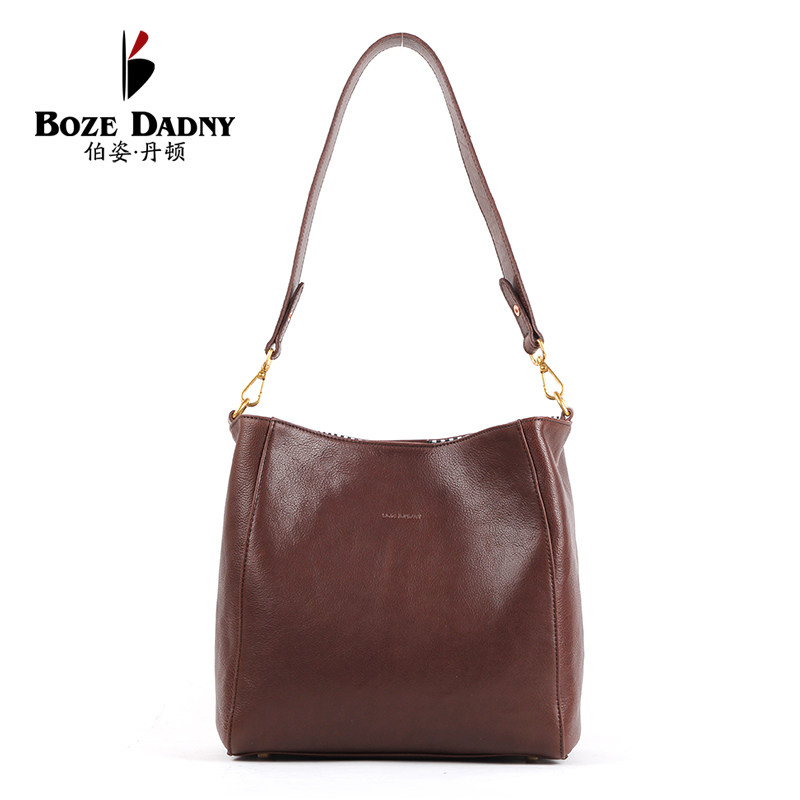 伯姿丹顿新款头层牛皮大容量水桶包植鞣牛皮高级感单肩斜挎真皮女