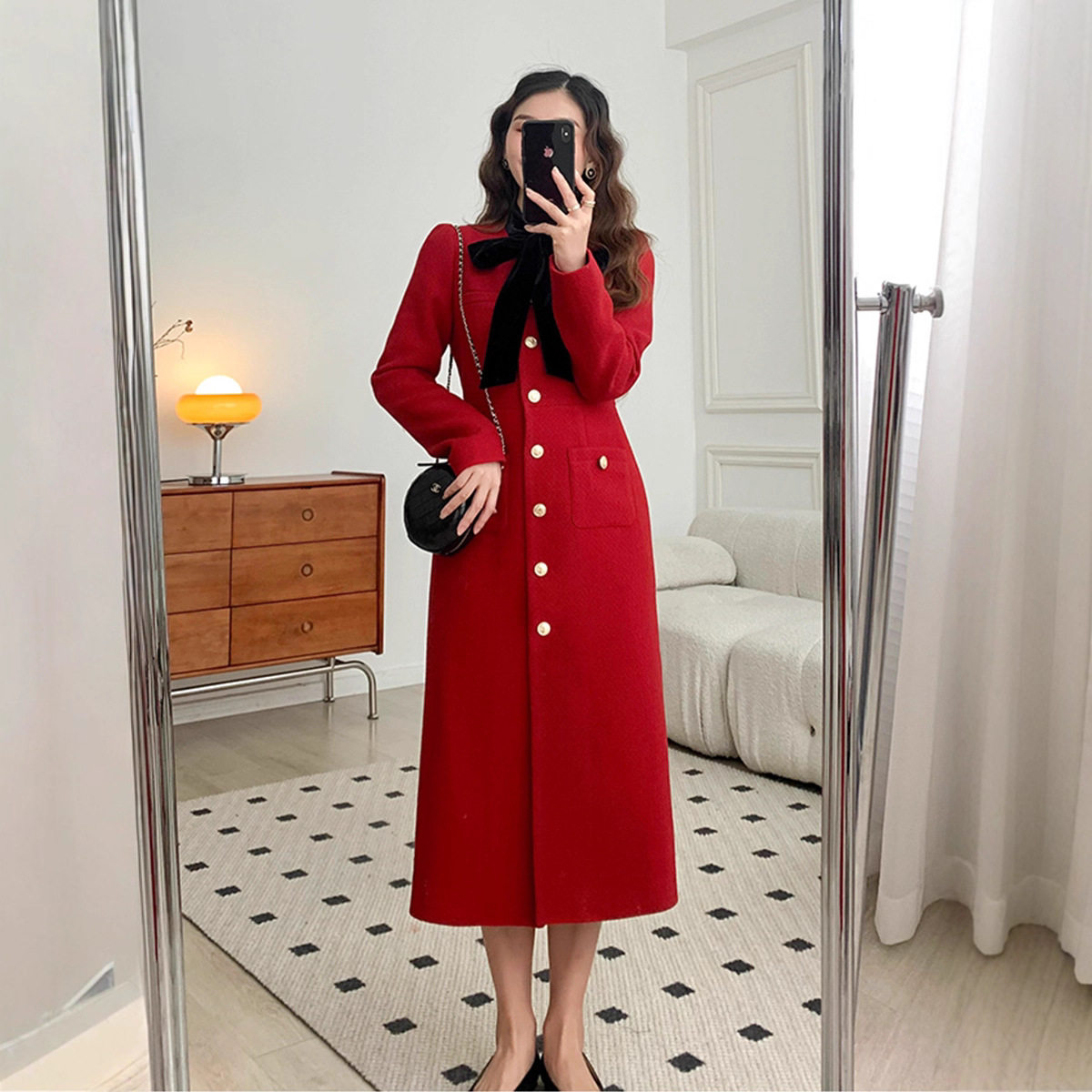 红色毛呢连衣裙女冬高级感轻奢修身法式气质粗花呢小香风礼服长裙