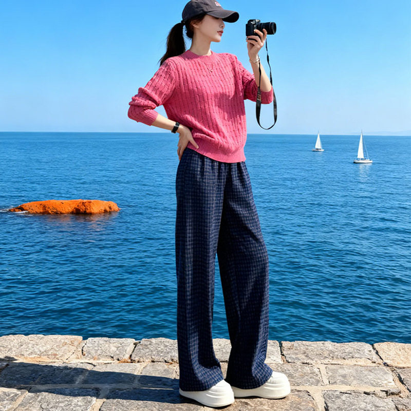 小个子品牌玫红色针织衫阔腿裤时尚休闲套装女春季穿搭一整套洋气,女装/女士精品,时尚套装,淘宝优惠券,粉丝福利购,淘宝优惠卷